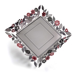 Dorit Judaica Metal Tray With Floral Decoration Serving Pieces