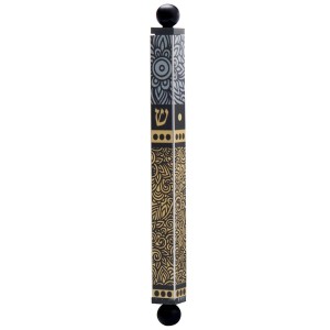 Dorit Judaica Mezuzah Case With Gray and Yellow Mandala Pattern and Shin Mezuzahs