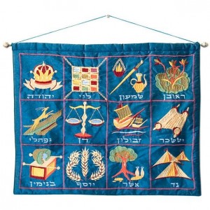 Yair Emanuel Raw Silk Embroidered Wall Decoration with 12 Tribes in Blue Sukkah Decorations