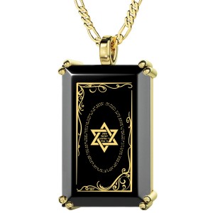 Gold Plated and Onyx Tablet Necklace for Men with Micro-Inscribed Shema Inside Star of David Jewish Necklaces