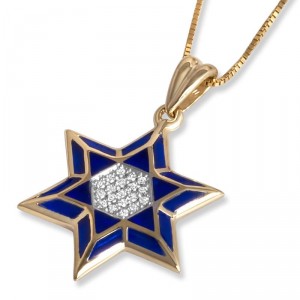 Gold Star of David Pendant with Diamonds and Blue Enamel Jewish Necklaces