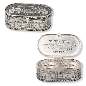 Nickel Shabbat Candlestick Set with Box, Jerusalem and Hebrew Blessing Shabbat Candlesticks
