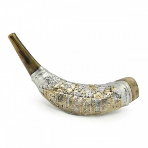 Polished Ram's Horn with Silver Sleeve in Jerusalem Design by Barsheshet-Ribak  Traditional Rosh Hashanah Gifts