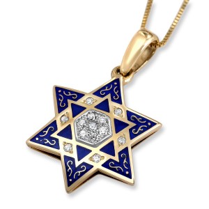Anbinder Blue Enamel and 14K Gold Star of David Pendant with Diamonds Jewish Necklaces
