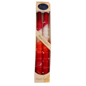 Red, Orange and White Shabbat Candles with White Dripped Lines by Safed Candles Candles