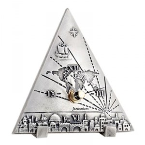 Silver Triangle Clock with Jerusalem Image and World Map Jewish Home Decor