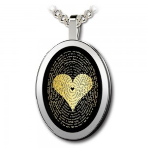 Sterling Silver and Onyx Heart Necklace Micro-Inscribed with 24K Gold 