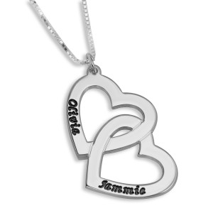 Sterling Silver English/Hebrew Name Necklace With Interlocking Hearts Jewish Wedding
