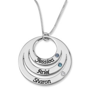 Sterling Silver Open Disk Name Necklace With Birthstones for Mom (Hebrew/English) Jewish Necklaces