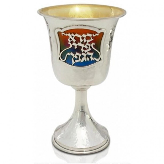Kiddush Cup in Sterling Silver with Enamel and Bore Pri Hagefen in Blue and Red by Nadav Art