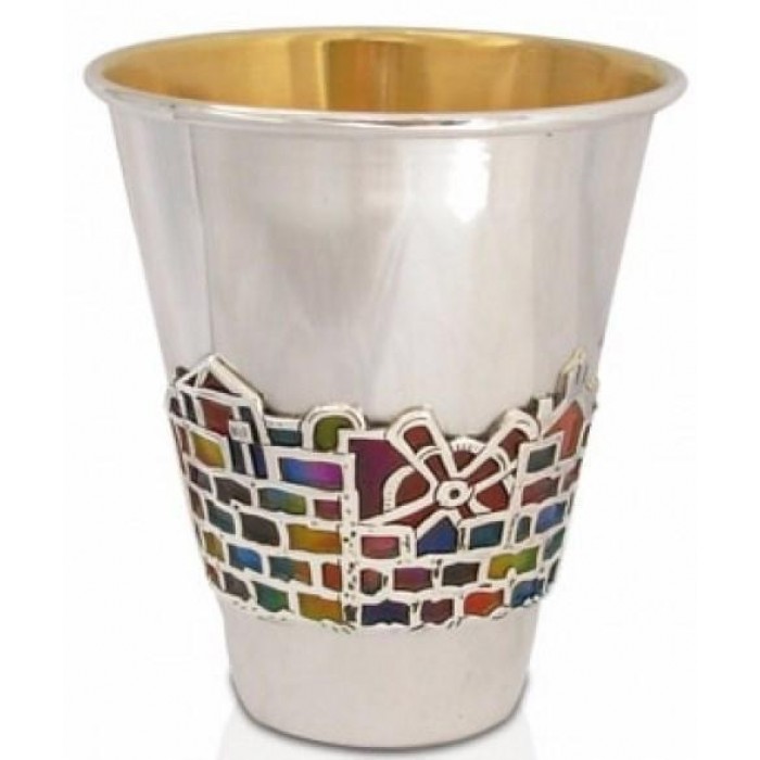 Kiddush Cup in Sterling Silver & Enamel Jerusalem by Nadav Art