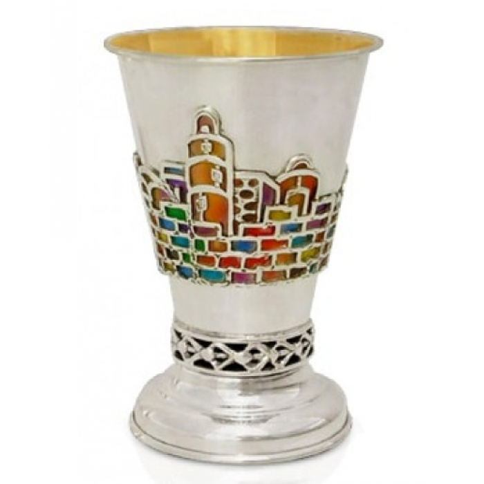Kiddush Cup in Sterling Silver with Enamel Jerusalem & Filigree by Nadav Art