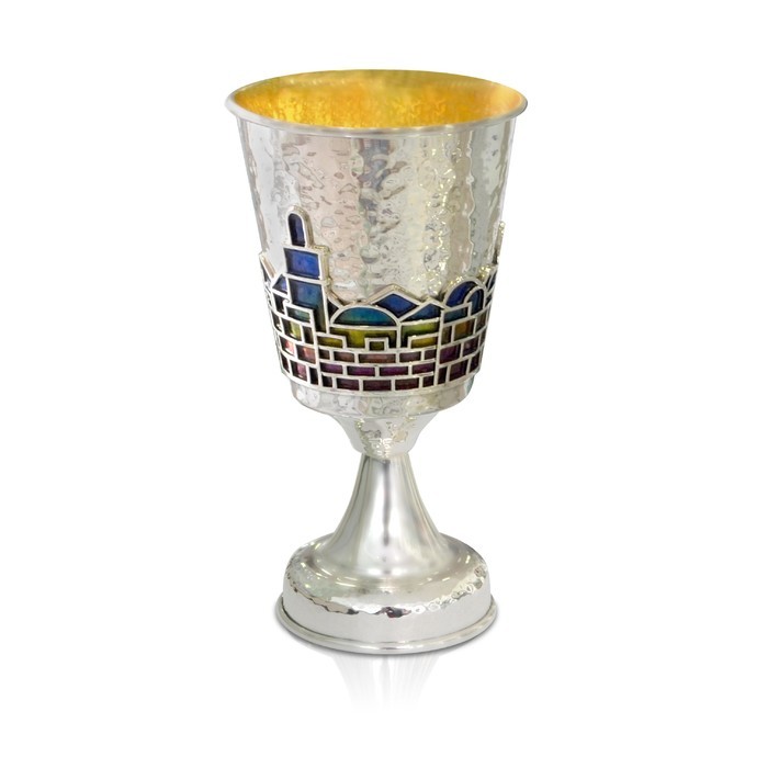 Kiddush Cup in Sterling Silver & Jerusalem in Enamel by Nadav Art