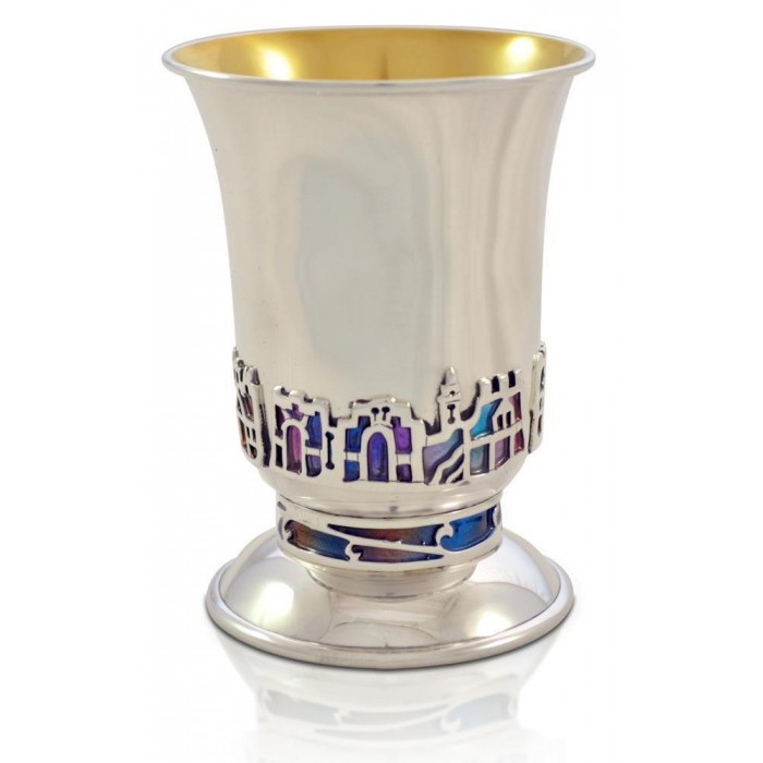 Kiddush Cup in Sterling Silver with Jerusalem in Purple Enamel by Nadav Art