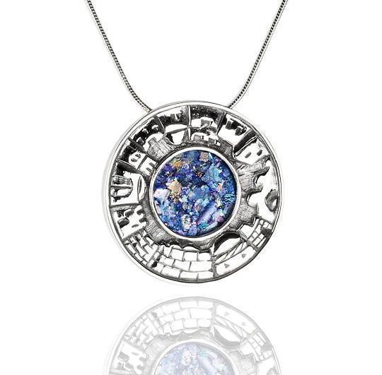 Round Roman Glass Pendant in Sterling Silver with Jerusalem Motif Rafael Jewelry Designer