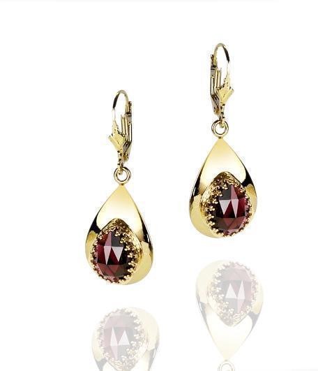 Rafael Jewelry Designer Drop 14k Yellow Gold Earrings with Garnet Stone