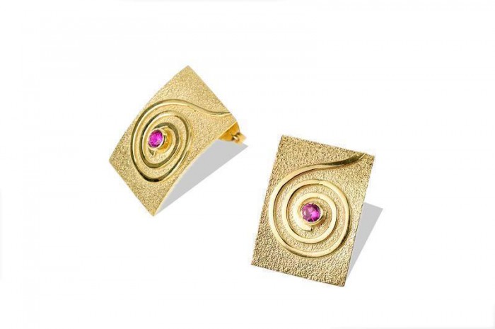 Rectangular 14k Gold Earrings with Ruby & Swirling Ornament Rafael Jewelry Designer