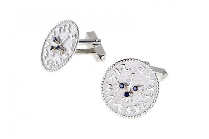 Silver Shekel Cufflinks with Holy Jerusalem Engraving in Ancient Hebrew & Sapphire by Rafael Jewelry