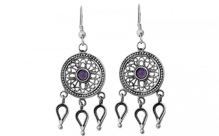 Round Sterling Silver Earrings with Drops & Amethyst by Rafael Jewelry