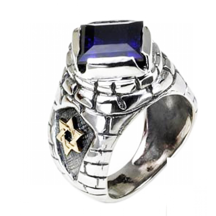 Rafael Jewelry Sterling Silver Ring with Yellow Gold Star of David and Jerusalem Motif & Amethyst