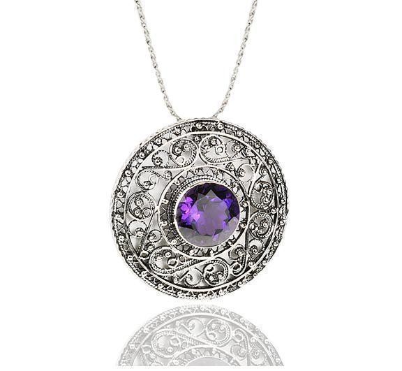 Round Pendant in Sterling Silver with Amethyst and Filigree Design by Rafael Jewelry