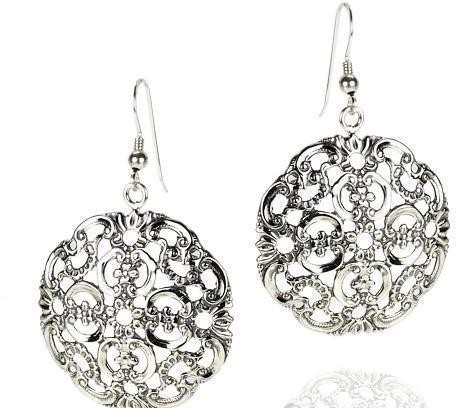 Round Earrings in Sterling Silver with Floral Motif Rafael Jewelry