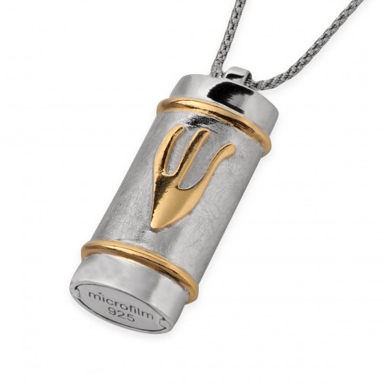 Mezuzah Pendant in Sterling Silver with Shiny Golden Shin by Estee Brook