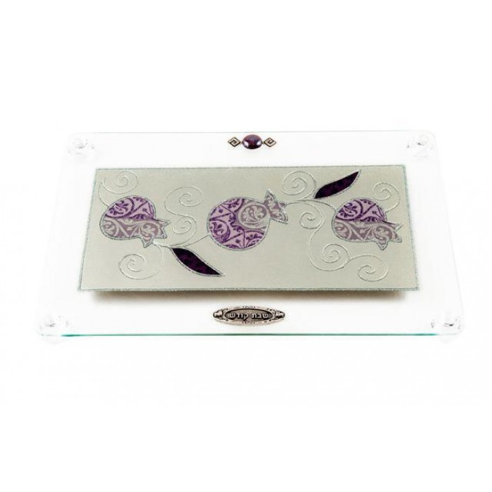 Glass Challah Board with Pomegranates in Silver and Purple