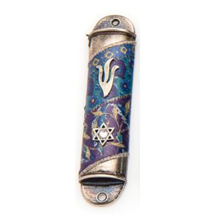 Semicircular Pewter Mezuzah with Star of David and Flowers in Purple