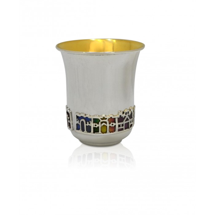 Kiddush Cup in Sterling Silver with Enamel Jerusalem by Nadav Art