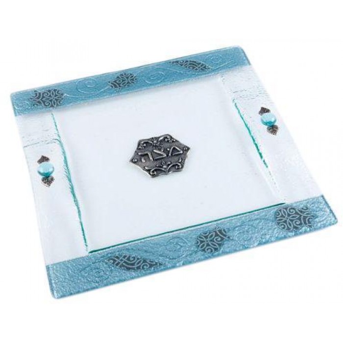 Glass Matzah Plate with Pomegranate Motif in Blue