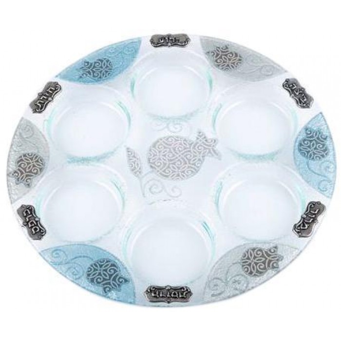 Glass Seder Plate with Pomegranates in Gray & Blue