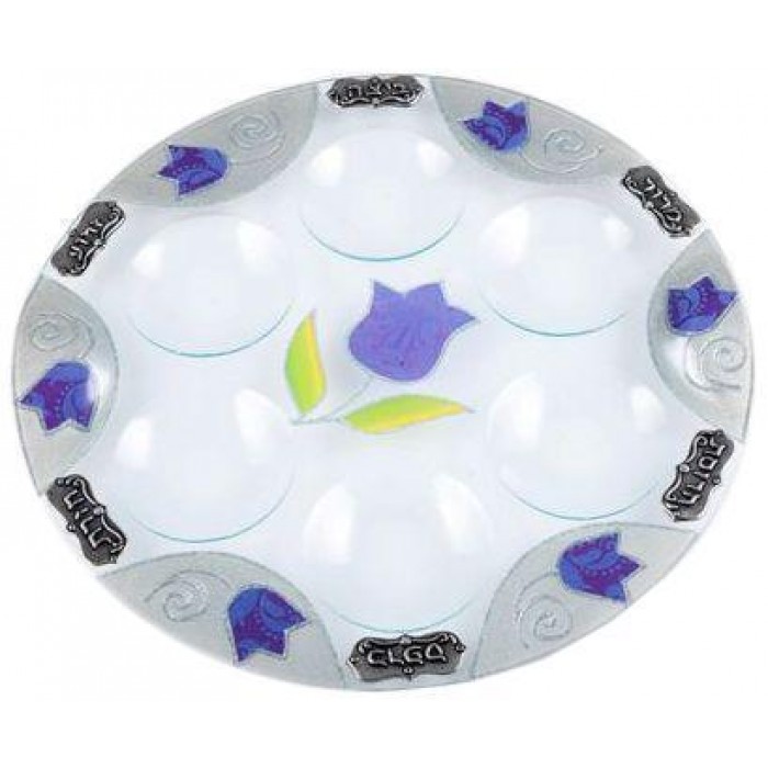 Glass Seder Plate with Flowers in Purple Tones