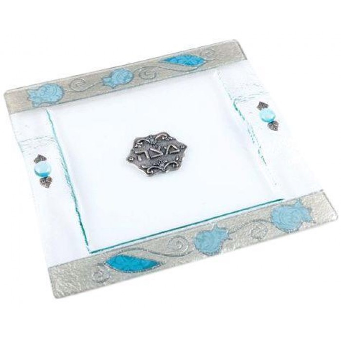 Glass Matzah Plate with Pomegranates in Silver & Blue