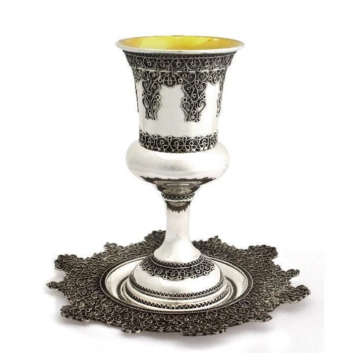 Nadav Art Sterling Silver Kiddush Cup with Saucer and Filigree Lace