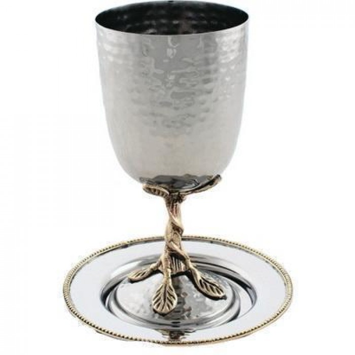 Kiddush Cup with Saucer in Stainless Steel with Hammered Design