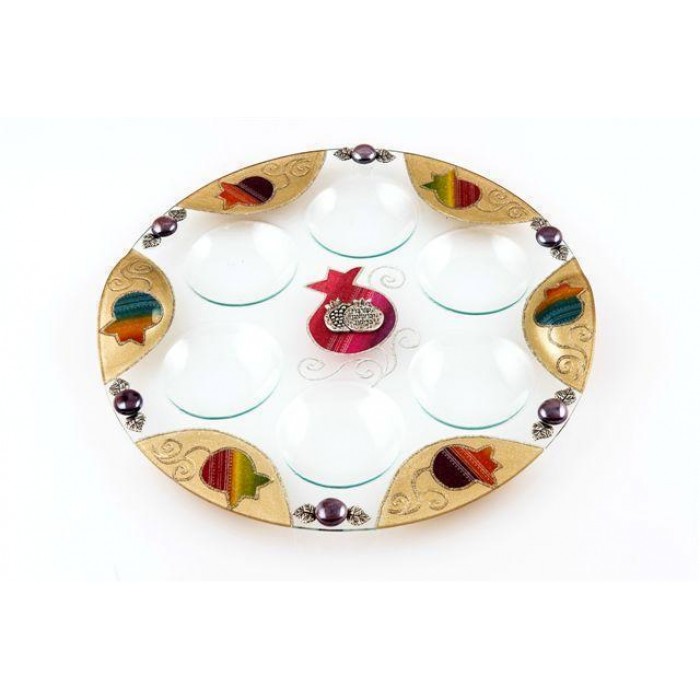 Rosh Hashanah Seder Plate with Colorful Pomegranates in Glass