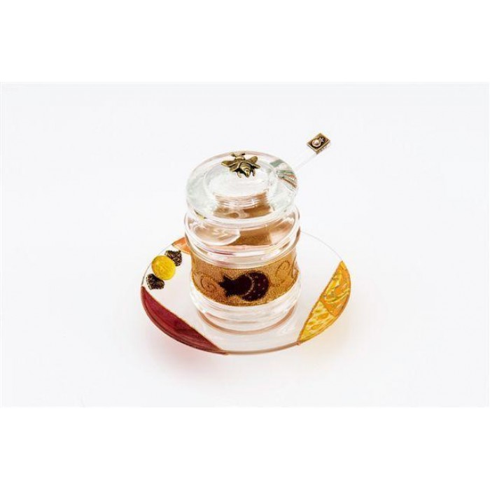 Honey Dish in Glass with Red and Gold Pomegranates
