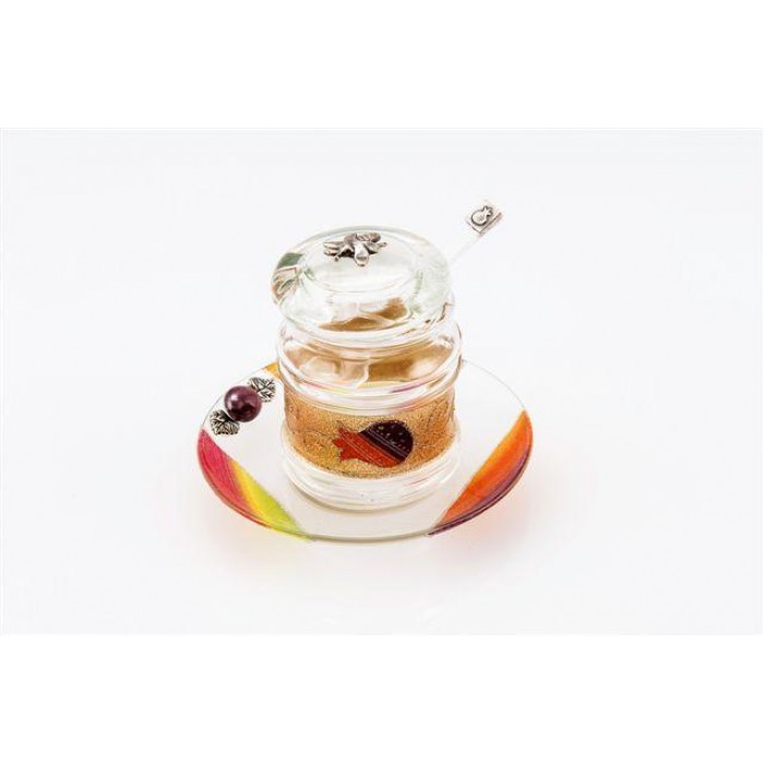 Honey Dish in Glass with Red and Orange Pomegranates