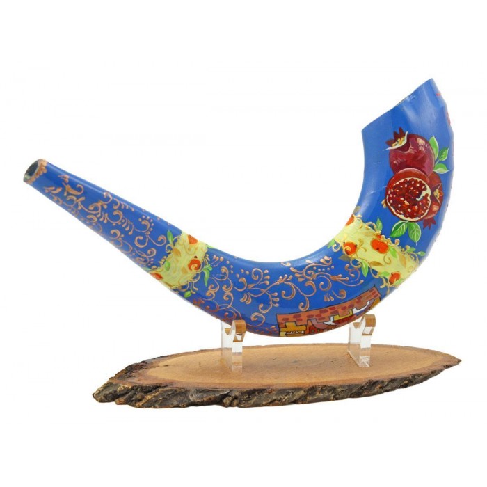 Ram Shofar Hand-Painted Blue with Pomegranate 