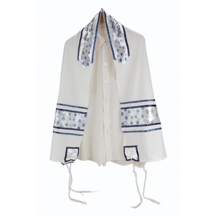 White Tallit Set with Star of David in Blue and White
