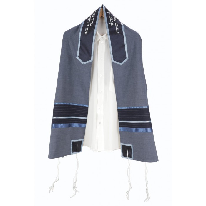 Tallit Set in Gray Polyester with Blue Stripes