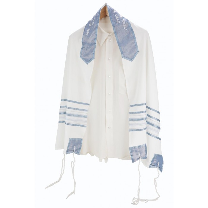 Tallit Set in White Viscose with Light Gray and Black Stripes