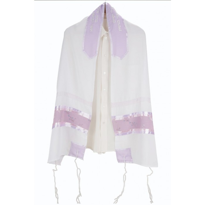 Women’s Tallit Set in White and Purple with Flowers