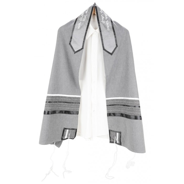 Tallit Set in Gray and Black Viscose with White Stripes