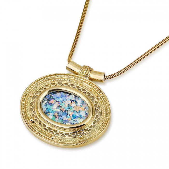 14K Gold Necklace with Oval Roman Glass by Ben Jewelry