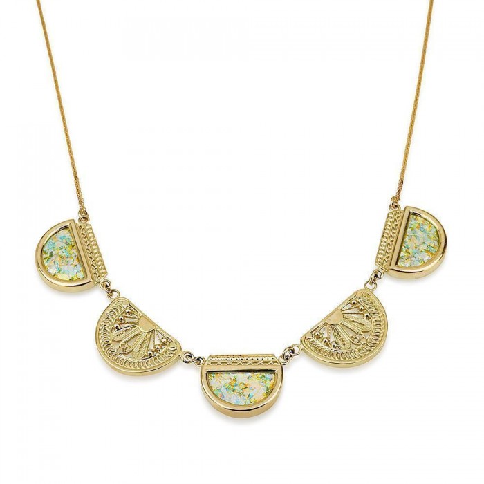 14K Gold Five-Pendant Necklace with a Touch of Roman Glass by Ben Jewelry
