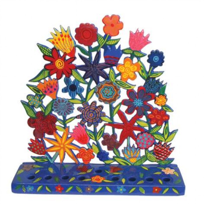 Yair Emanuel Floral Pattern Menorah in Bright Colours in Painted Metal