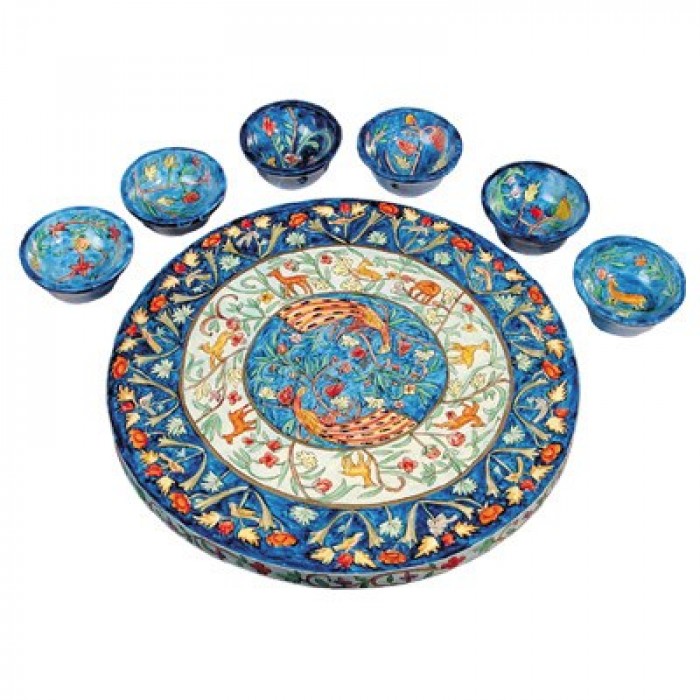 Yair Emanuel Wooden Passover Seder Plate with Peacocks