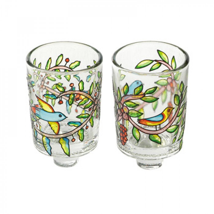 Yair Emanuel Painted Glass Candle Holders with Bird and Flower Design 